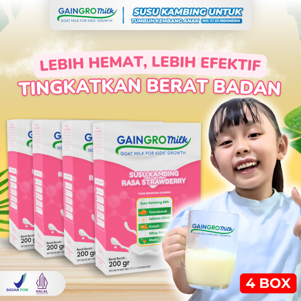 

PAKET 4 BOX GAINGRO MILK STRAWBERRY Susu Kambing Penambah Tinggi Badan Anak joyskincare.bekasi
