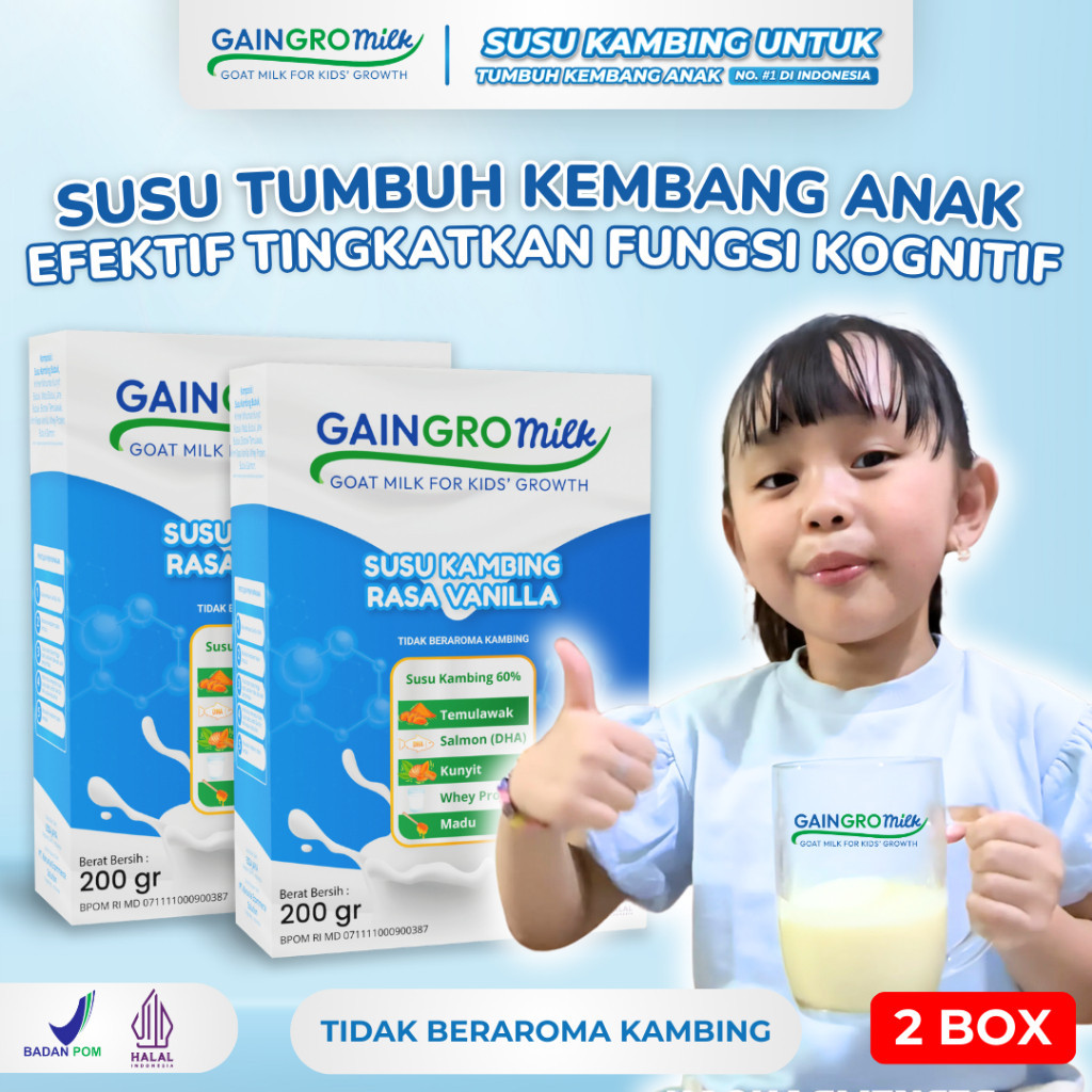 

PAKET 2 BOX GAINGRO MILK VANILLA Susu Kambing untuk Kecerdasan Anak joyskincare.bekasi