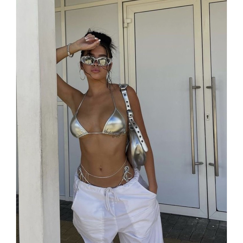 Star Girl triangle bikini metalic swimwear sexy chrome bikini
