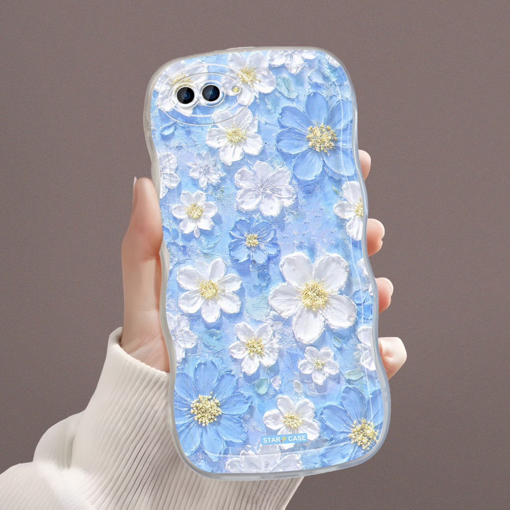 Casing Hp Untuk OPPO A3S A12E Phone Case Bergelombang Kesing Cover Blue White Flowers Softcase Cassi