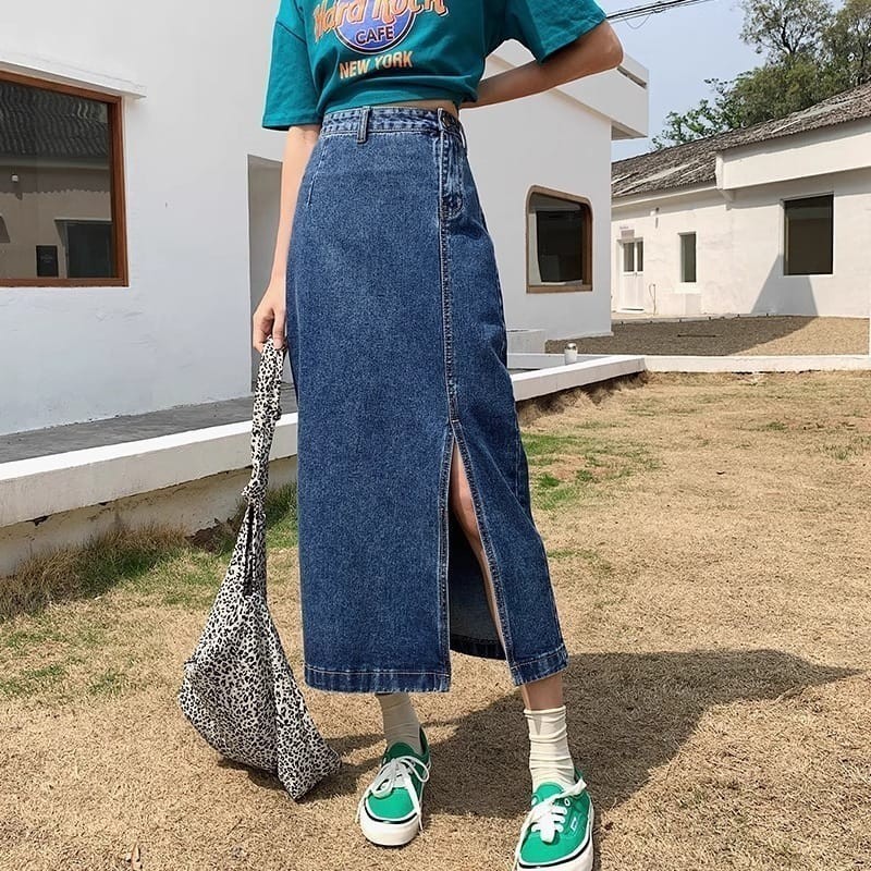 CC - Rok Jeans Span Belah Kancing Samping Alice Skirt Highwaist Korean Style Wanita Remaja Kekinian 