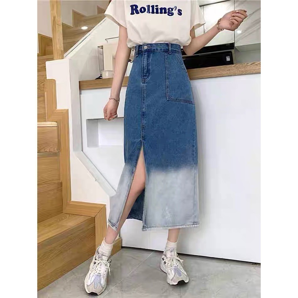 DC - Rok Jeans Gradasi Span Belah Samping Winter Skirt Highwaist Korean Style Wanita Remaja Kekinian