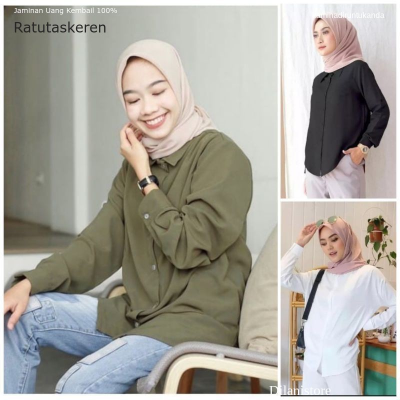 BAJU KEMEJA WANITA POLOS CASUAL PUTIH LENGAN PANJANG KEREN KORUO KEREN