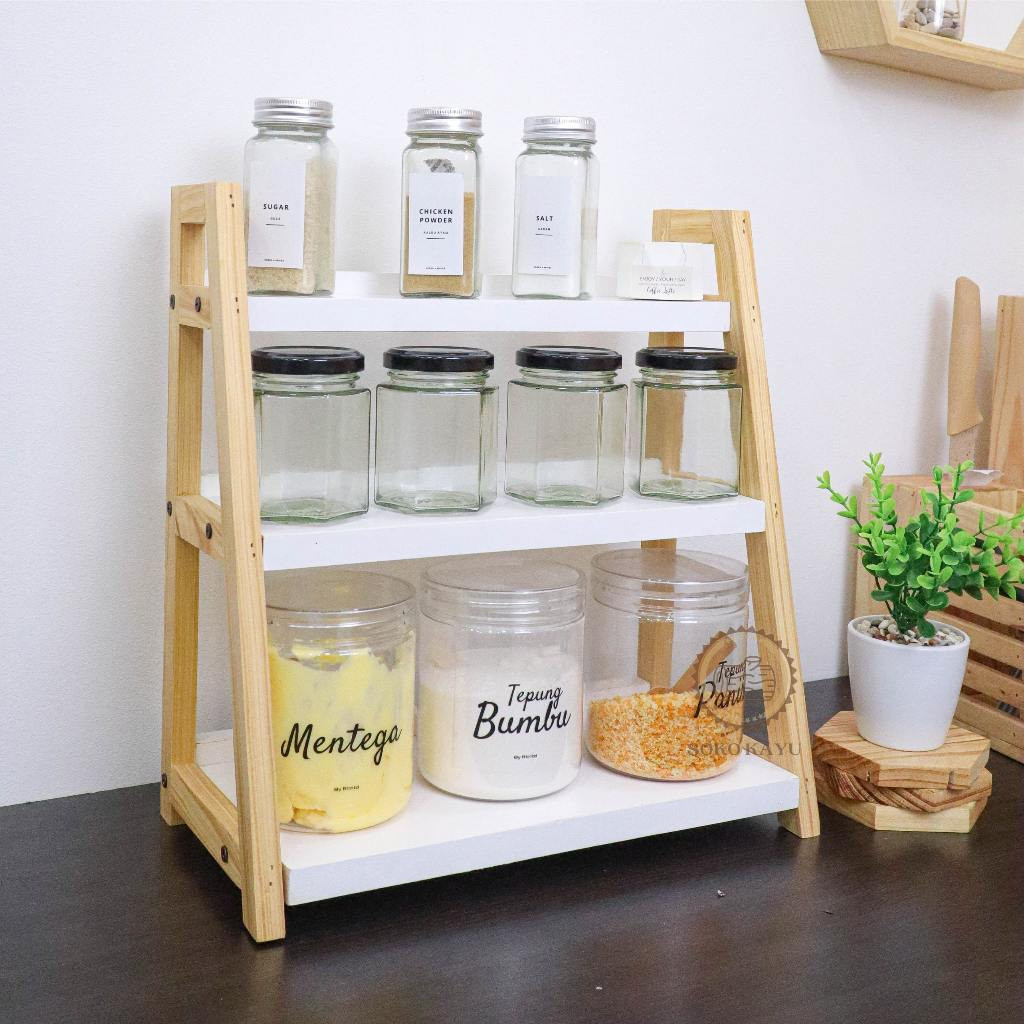 Rak bumbu tempat wadah set penyimpanan bumbu dapur dua 2 tiga 3 susun kayu minimalis garam kosmetik 