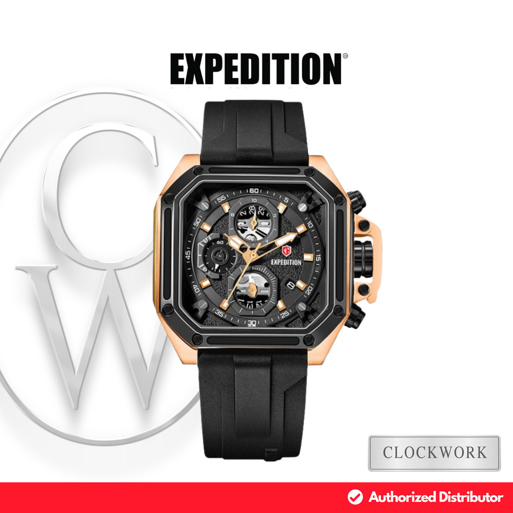 Jam Tangan Pria Expedition E 6812 MCRBRBA Karet Sporty Chronograph Persegi Hitam Rosegold