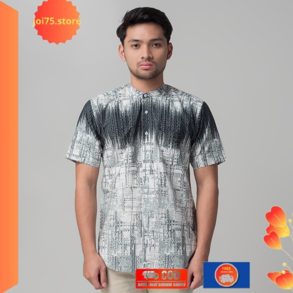 Terlaris ✨ -Benhill Kemeja Koko Pria Cotton Printing Pendek  Putih Abstrak 50083-16710