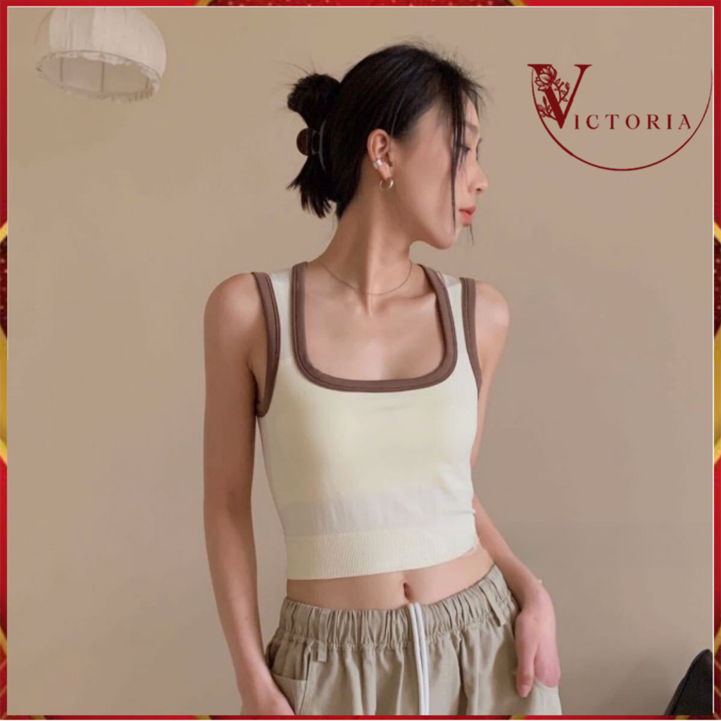 Victoria Tanktop Crop Bra Tali Lebar Leher Persegi Tanktop Bra Dengan Busa Crop Top Fashion Wanita 1