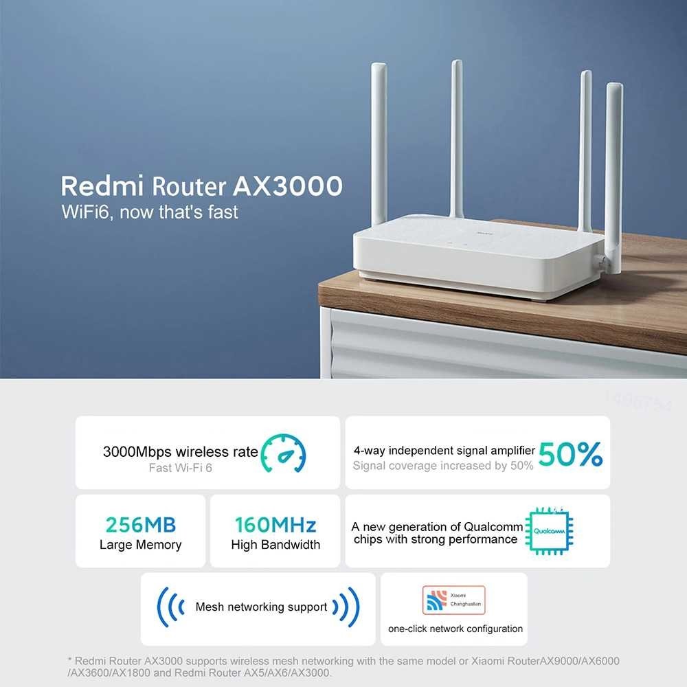 Redmi AX3000 Router WiFi 6 AX Gigabit Dual Band Wi-Fi 2.4/5.0GHz OFDMA