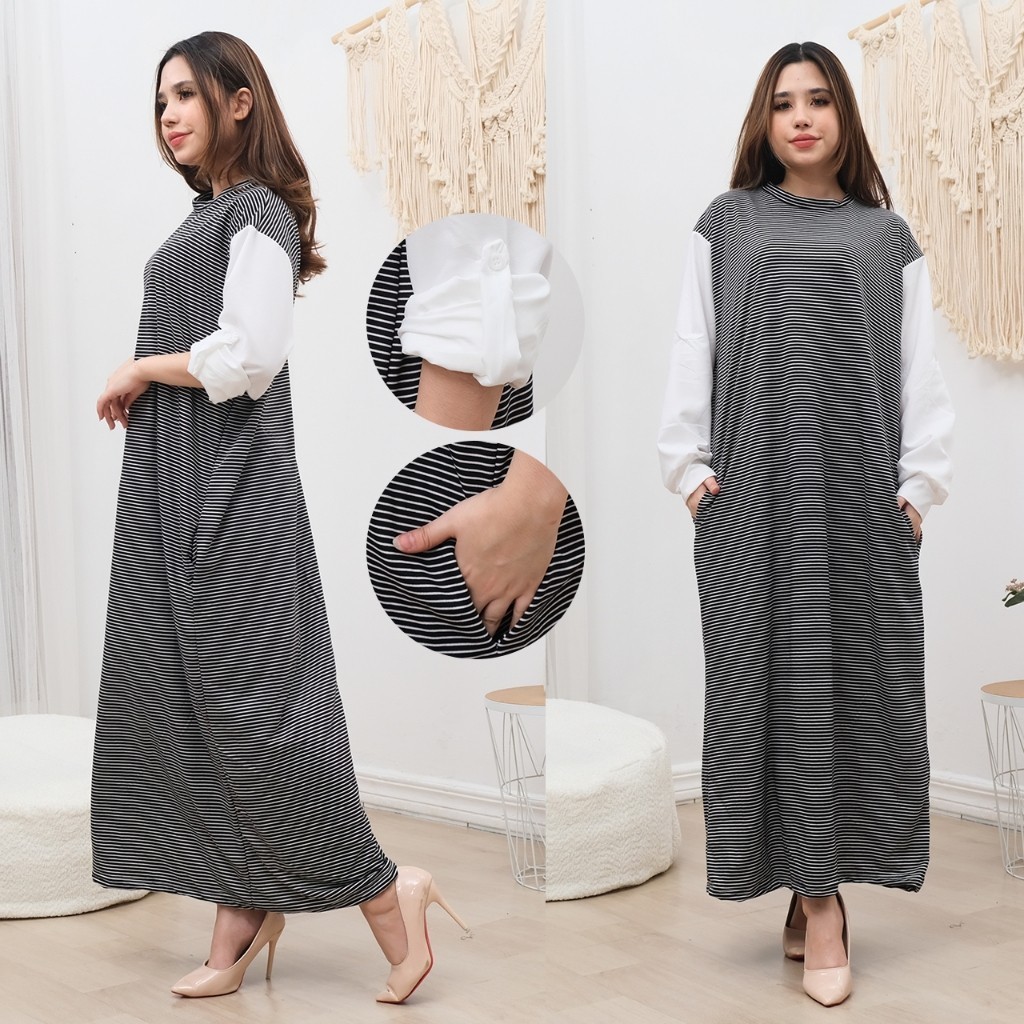 W & K - ZSO PAKAIAN DRESS WANITA NIDA / GHEA DRESS GAMIS / Outfit Wanita Trendy / Dress Garis Garis 
