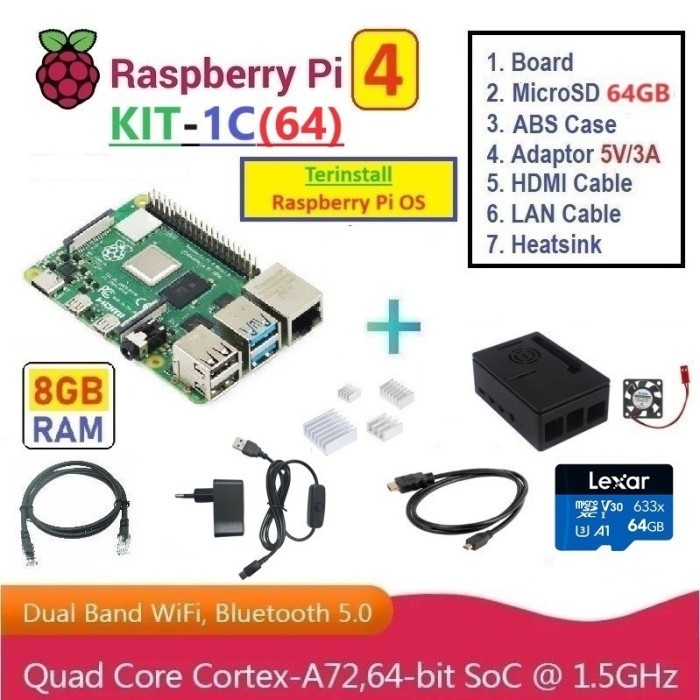 DS99 KIT-1C(64) : Raspberry Pi 4 (8GB RAM) - Complete SET (MicroSD 64GB)