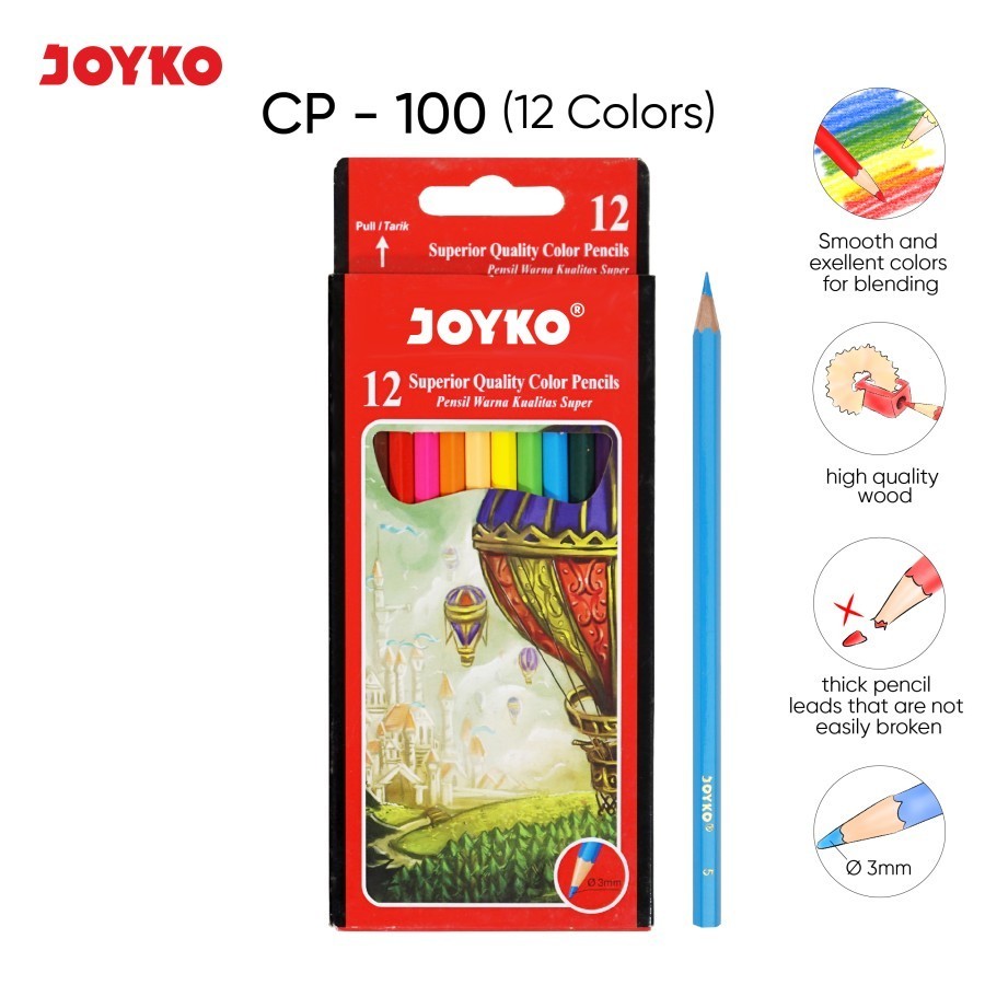 

Joyko CP-100 Pensil Warna Superior Kualitas Super 12 warna Superior Quality Color Pencils Hexagonal Grip
