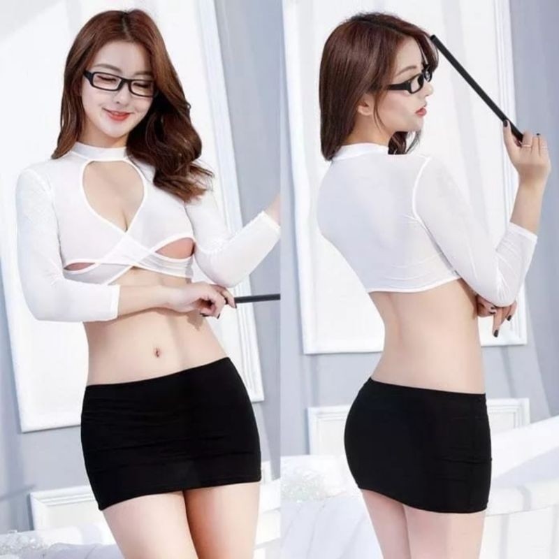 Baju Tidur Lingerie Wanita Cosplay Pegawai Crop Top Piyama Baju Dinas Malam Nightdress Sexy Transpar