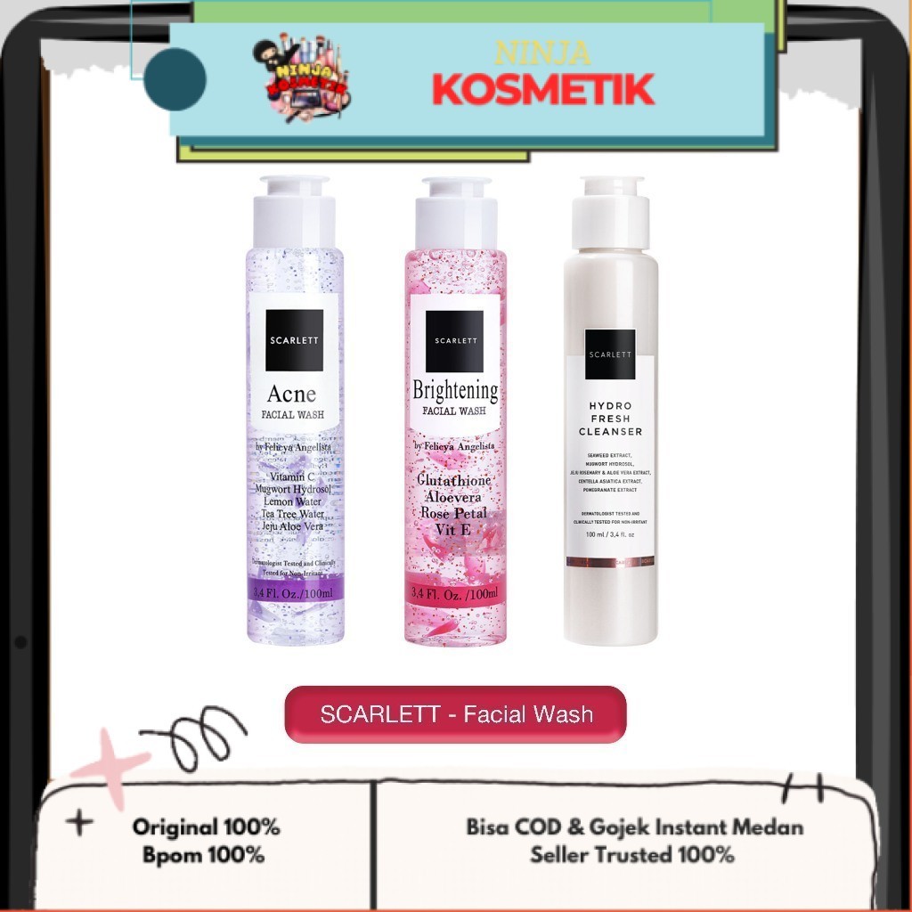 SCARLETT  WHITENING FACIAL WASH ( 100 ml )  Sabun Cuci Muka Brightening | Acne Care | Hydro Fresh , 