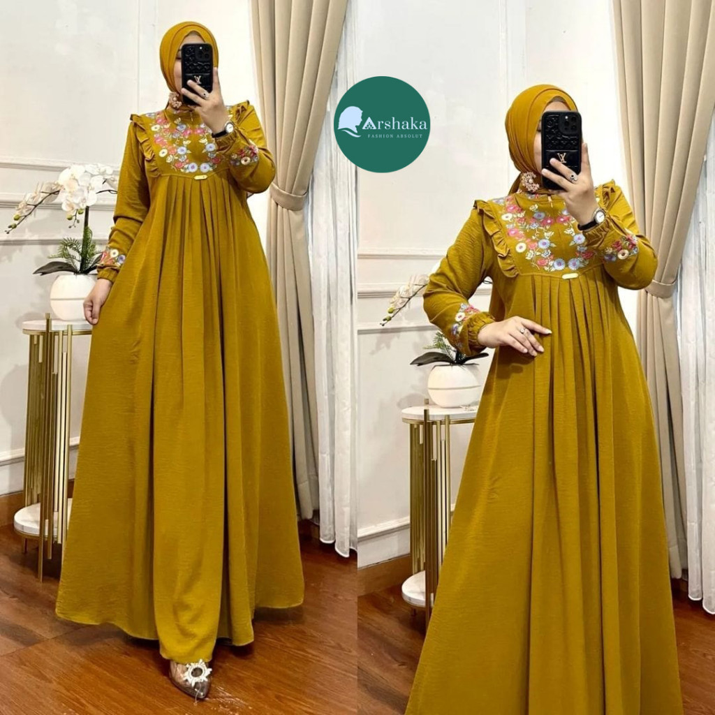 dg64wf Gamis Polos Bahan Crinkle Airflow Premium Aplikasi Bordir Bunga Cantik