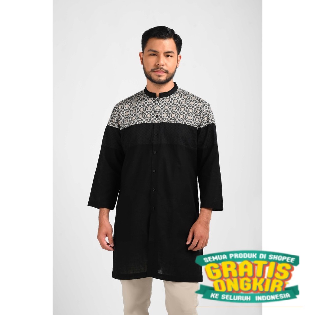 MANZONE Gamis Pria Lengan Panjang FATTAH - BLACK/ Hijau sage lumut army ijo