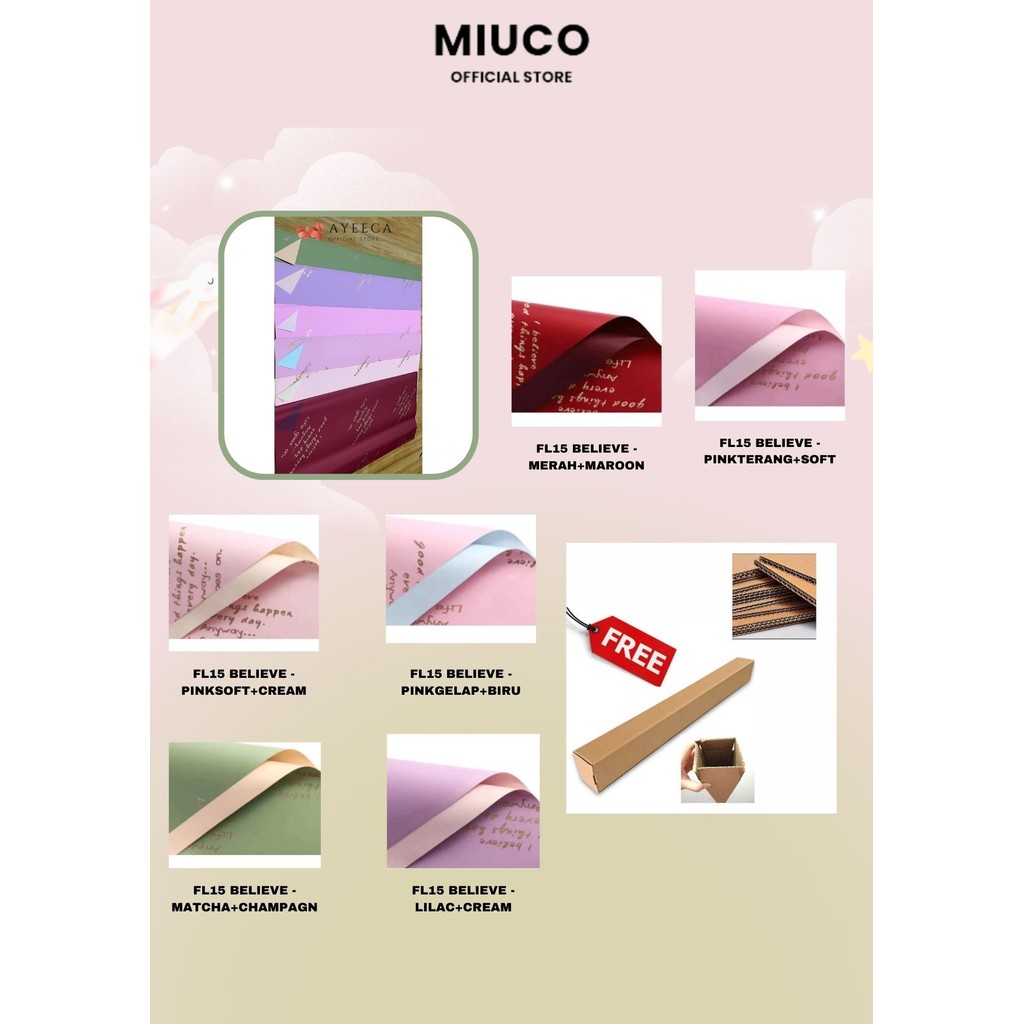 

MIUCO - (5 LEMBAR) - FL15 BELIEVE Kertas Bunga Paper Buket Motif Tulisan Text Florist Cellophane