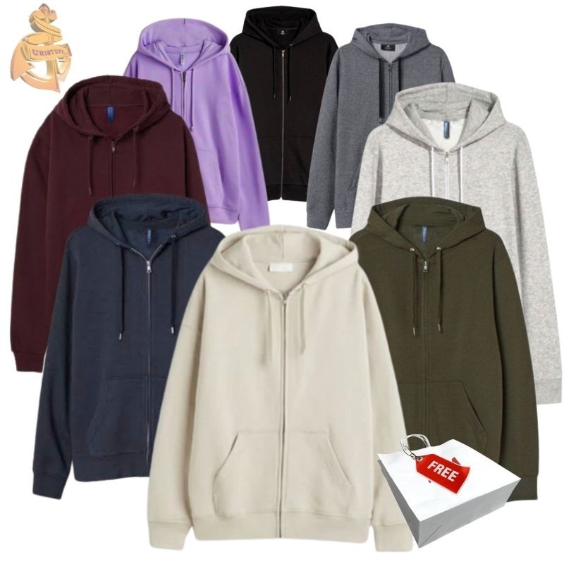[BEST DEALS] Hoodie Zipper Polos Basic HM Hitam Army Maroon Grey Navy Brown Hnm Jaket Pria Wanita