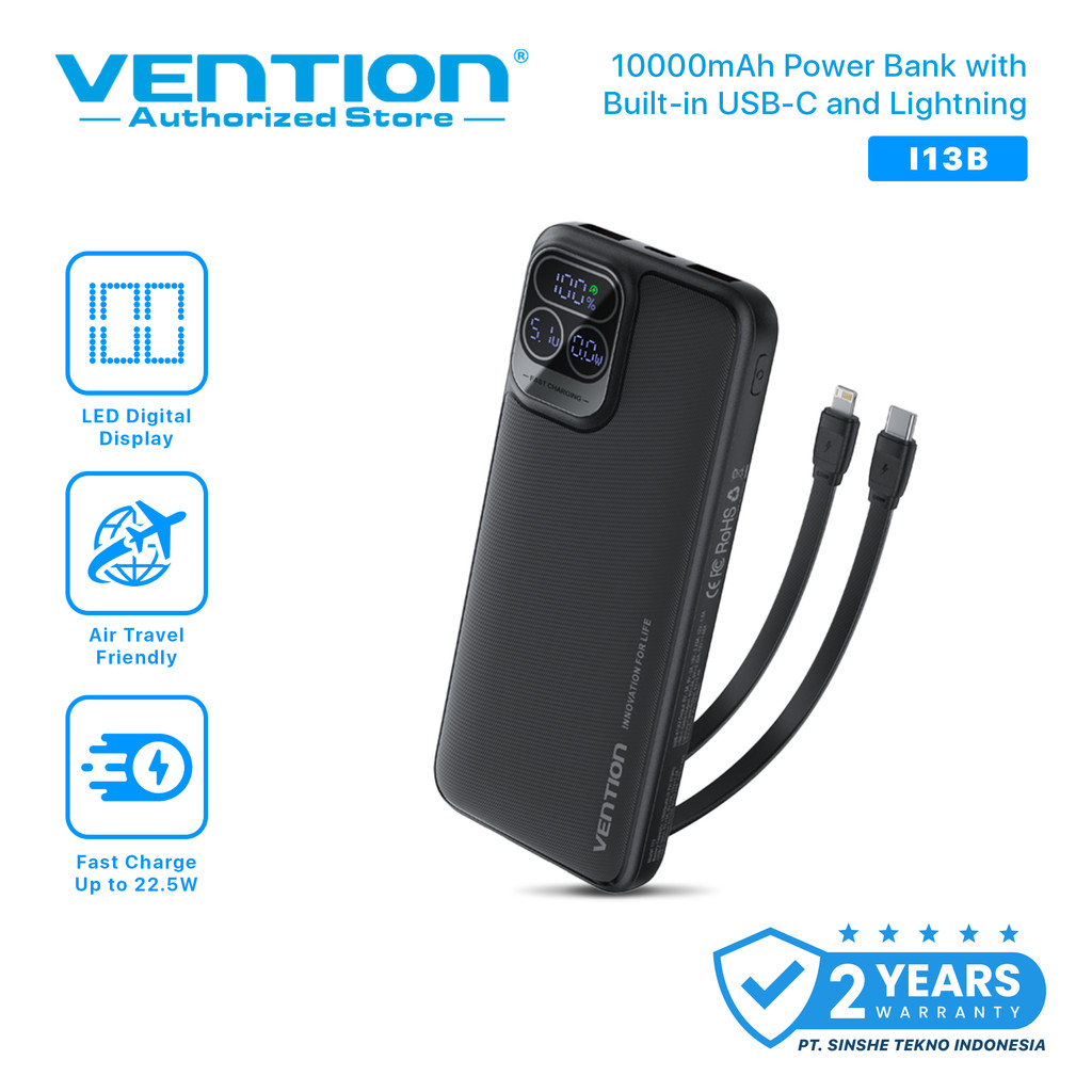 Vention Powerbank Built-in Cable USB C & Lightning 22.5W LED Display 10000mAh 20000mAh