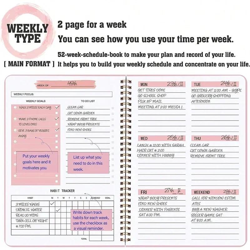 

2024 A5 Weekly Planner Notebook for 52 Weeks Spiral Agenda Daily Student Schedules Journal Stationery Office School Supplies