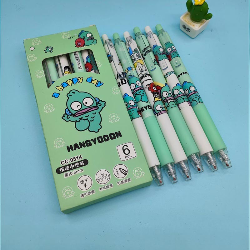 

6pcs/box Sanrio Hangyodon Press Gel Pens For Writing Cute 0.5mm Black Ink Signature Pens Kawaii Stationery Office School Supply