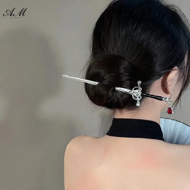 

Antique Swords Hairpin Chinese Style Design Bookmark Ancient Sword Headdress Water Drop Hair Sticks Bun Holder Hair Jewelry