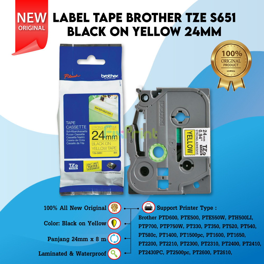 

Label Tape Bro TZE-651 24mm Black on Yellow Casette Laminated Strong Adhesive New Original