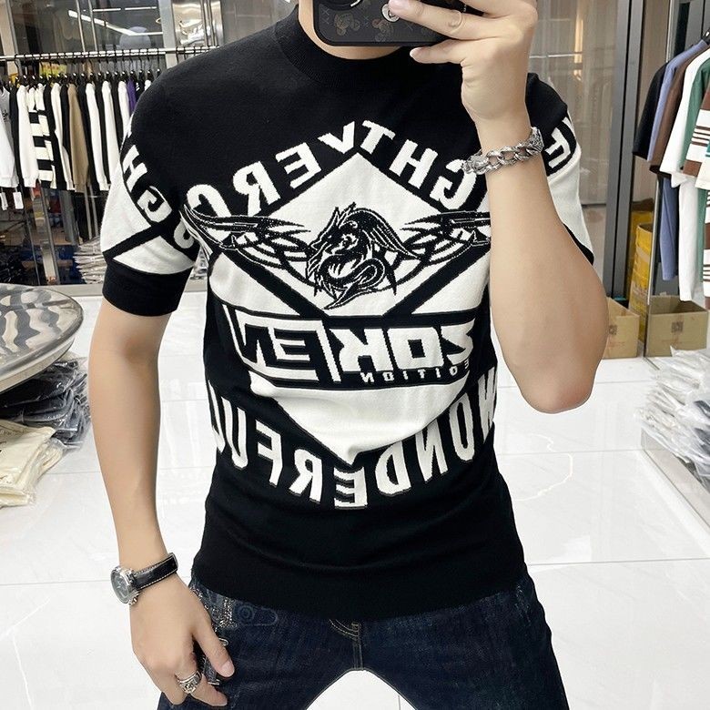 Kaos Polos Knit Hitam Cetak Leher Bulat Huruf