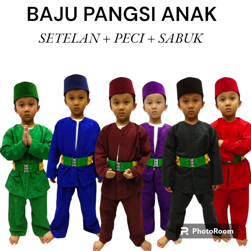 Baju Pangsi Anak Laki Laki SD ( SETELAN PECI SABUK ) Baju Pangsi Pakaian Adat Betawi Anak Laki laki