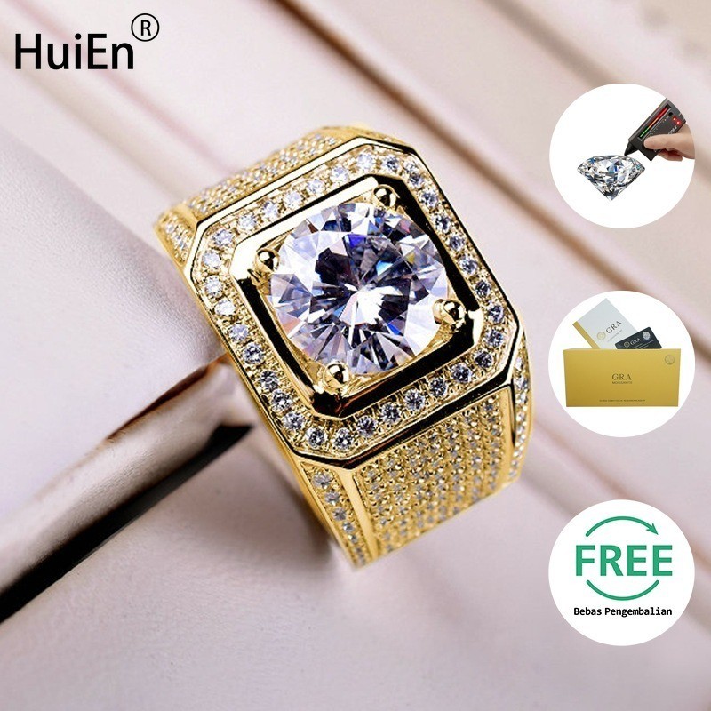 HuiEn Cincin Pria Moissanite Cincin Berlian Mendominasi Stok