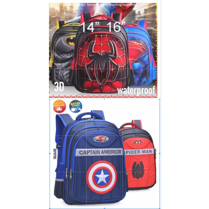 

[PROMO MURAH] Tas Anak Sekolah TK SD Ransel 3D Size 12 "14" - 16" Besar Avengers Spiderman Batman Captain Impor 3521