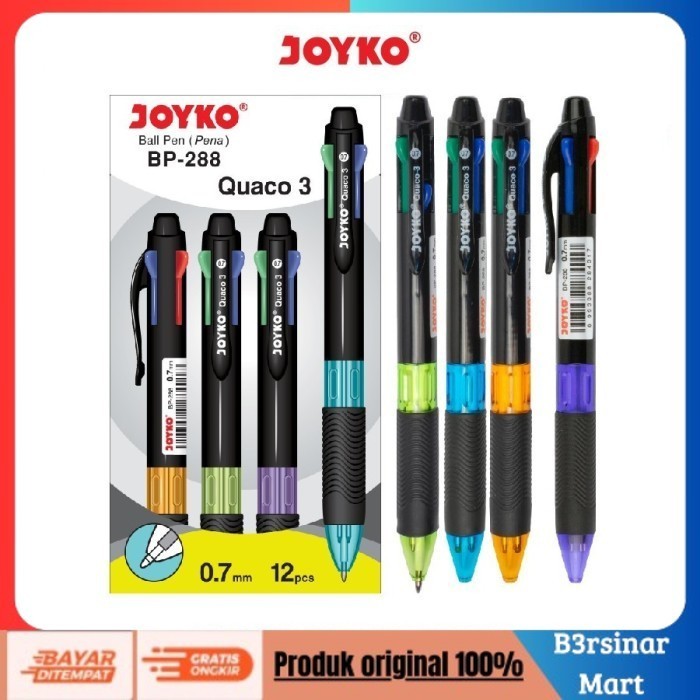 

[[KUALITAS TERBAIK]] Ball Pen / Pulpen / Pena Joyko BP288/ Quaco 3/ 0.7 mm/ 4 Warna COD