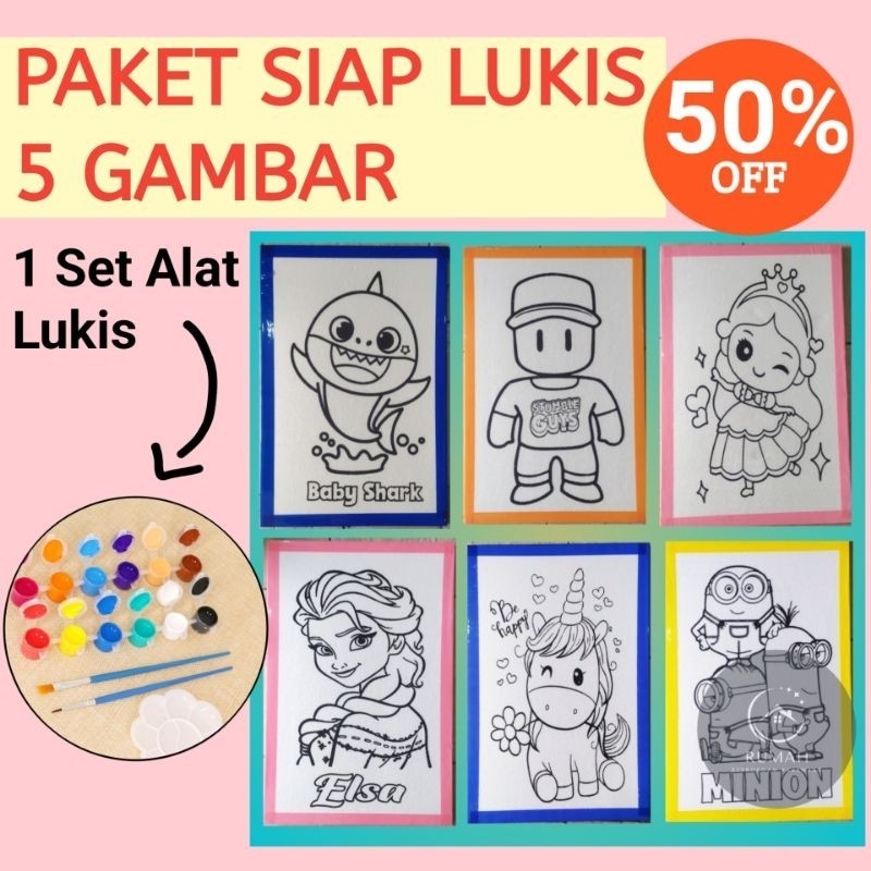 MIGU Mainan Edukasi Anak Paket Lukis Lengkap 5 Karakter Dan Alat Lukis Paint By Number Paket Melukis