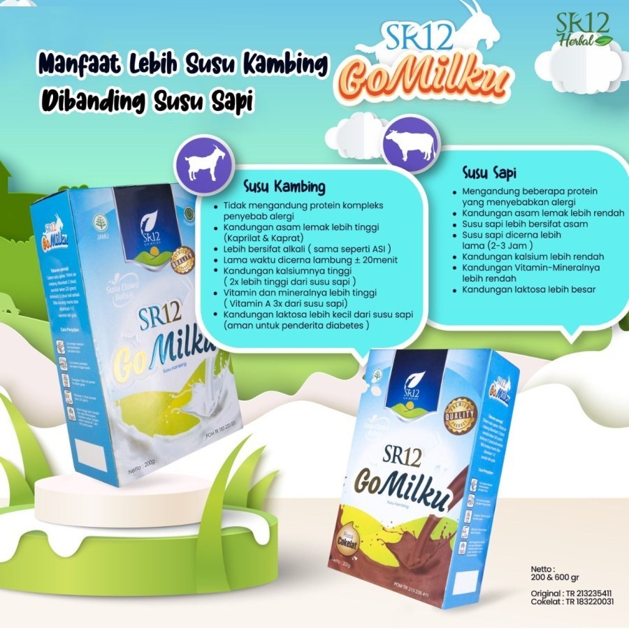 

SUSU KAMBING ETAWA SR12 / Susu Bubuk GoMilku Varian Coklat & Original 200gr 600gr / Goat Milk SR 12 Meningkatkan Kesehatan Paru-paru Tulang Asi / Gomilk Gomilku Go Milku