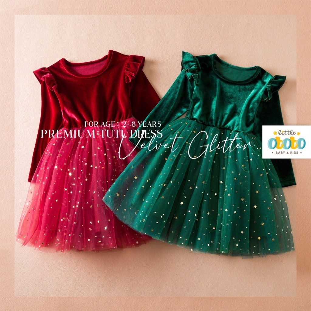2-8th DRESS TUTU VELVET GLITTER -  IMPORT KOREA Baju Baby Bayi Anak Gaun Tile Pesta Balita Ulang Tah
