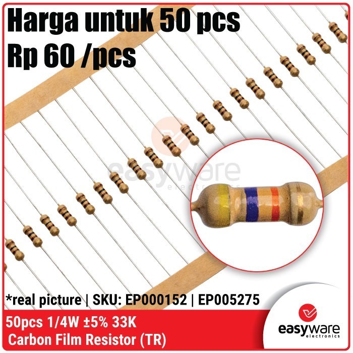 DS99 50pcs Resistor 33K Ohm 1/4W 5% Carbon Resistor 33K 0.25W 0.25 Watt Resistor 5%