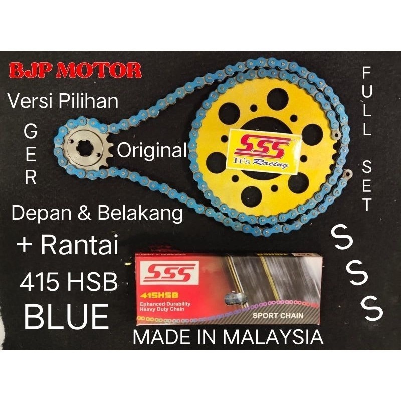 Gear Set FULL SSS 415 Vixion/New, R15, MX King, Xabre, Byson + Rantai SSS 415 HSB 120L/130L BIRU/BLU