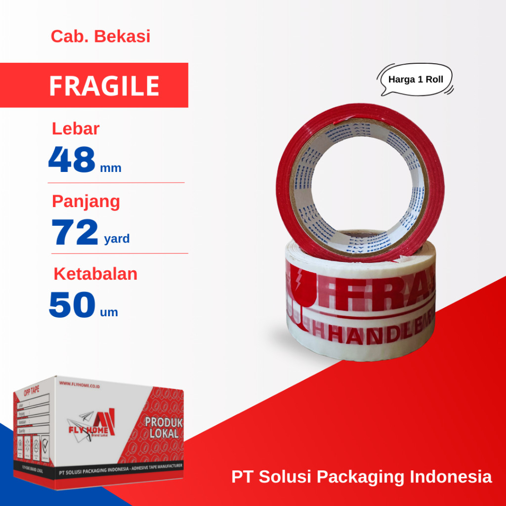 

FLYHOME 1Roll Lakban Fragile Merah Putih 48x72Y 2inci Uk Besar 72 Yard