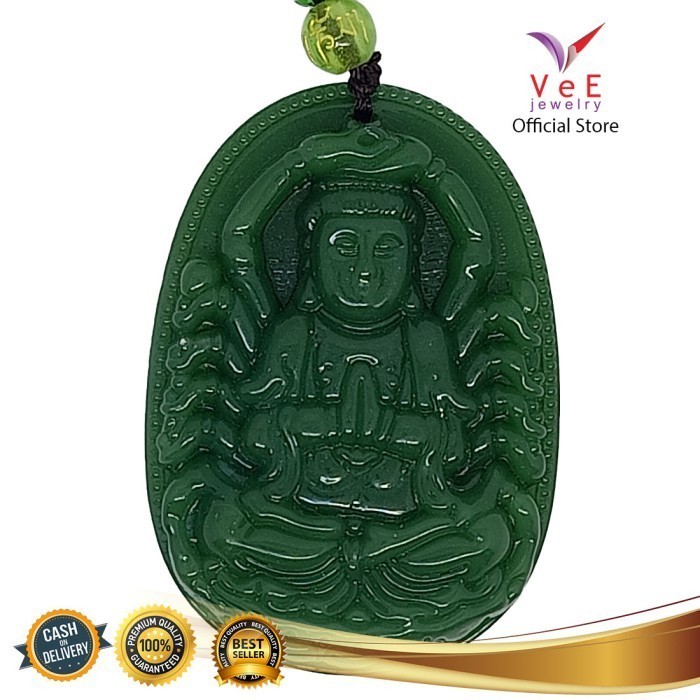 Kalung Liontin Batu Giok Asli Cina Dewi Durga Tangan Seribu Oval