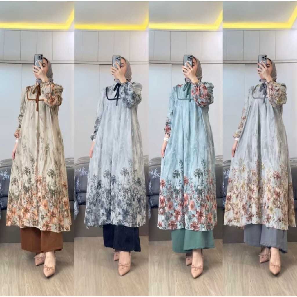 fg64vn DREANA STORE - Rania Set Wanita Premium Kekinian Motif Bunga Setelan Tunik Ceruty Celana Crin