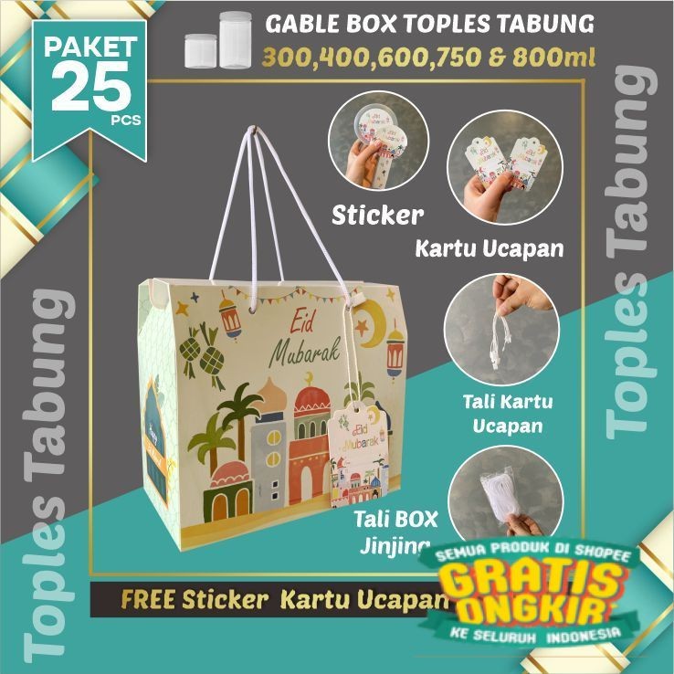 

25 Pcs Gable Box Lebaran toples tabung - White Pink Muat 2 toples jar 500-800ml/ uk 19x17x10 cm /hampers kue lebaran/ keluarga oleh oleh