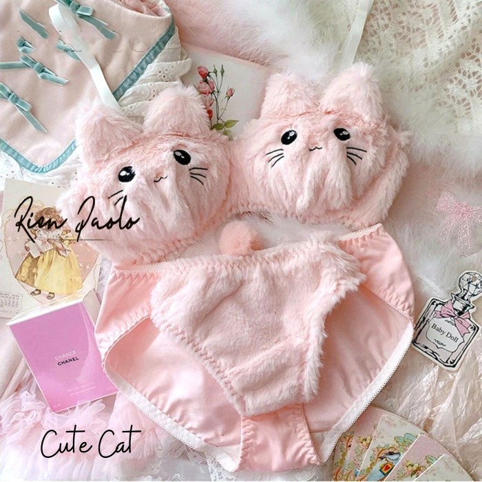 GK Bra Set Sexy Wanita Bh Fancy Premium Bulu Bulu Lucu Rien Paolo - Cat Pink, M/32 ABC-34 AB