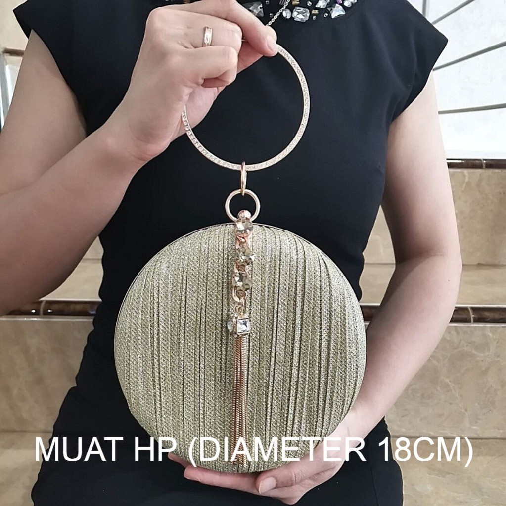PROMO TAS PESTA WANITA KONDANGAN IMPORT TERBARU MEWAH MURAH KRISTAL KAIN SATIN ROUND BULAT WISUDA MA