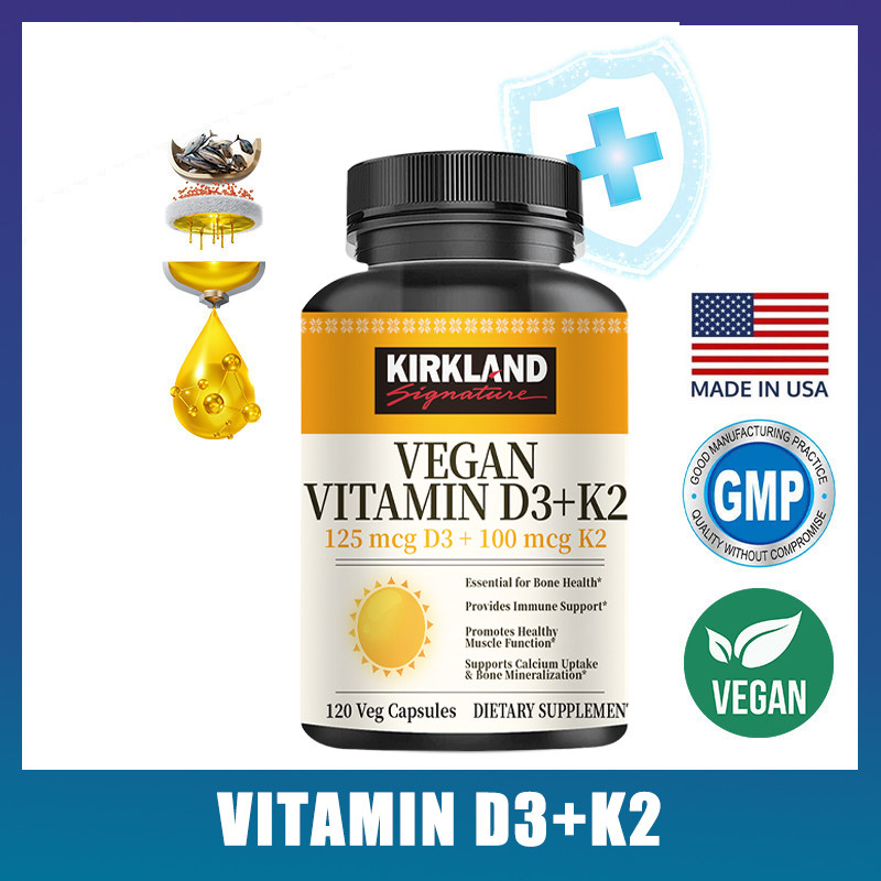 KIRKLAND Vitamin D3 + Vitamin K2 dengan Vitamin D Berbasis Tanaman 5000IU dan 100mcg Vitamin K2 -