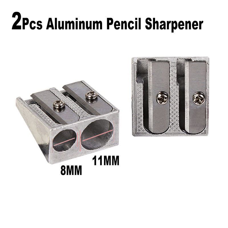 

2Pcs Set Creative Aluminum Double Hole 11mm 8mm Pencil Sharpener Metal Beveled Dual Use Office School Art Sketch Student Gift