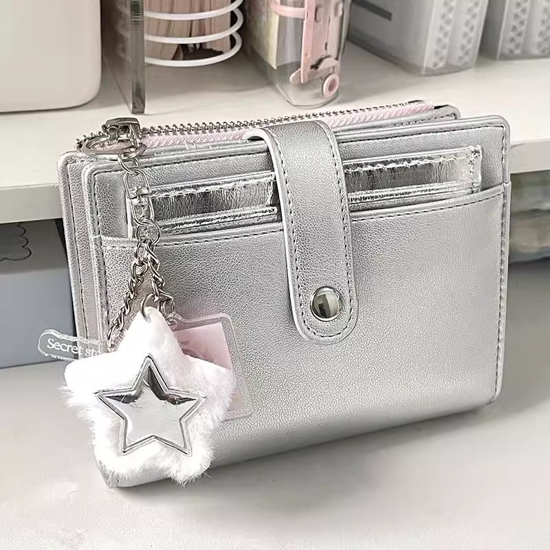 

Silver Small Notebook Soft Leather Girls Portable Card Holder Student Binder M5 Notepad Simple Niche Desig