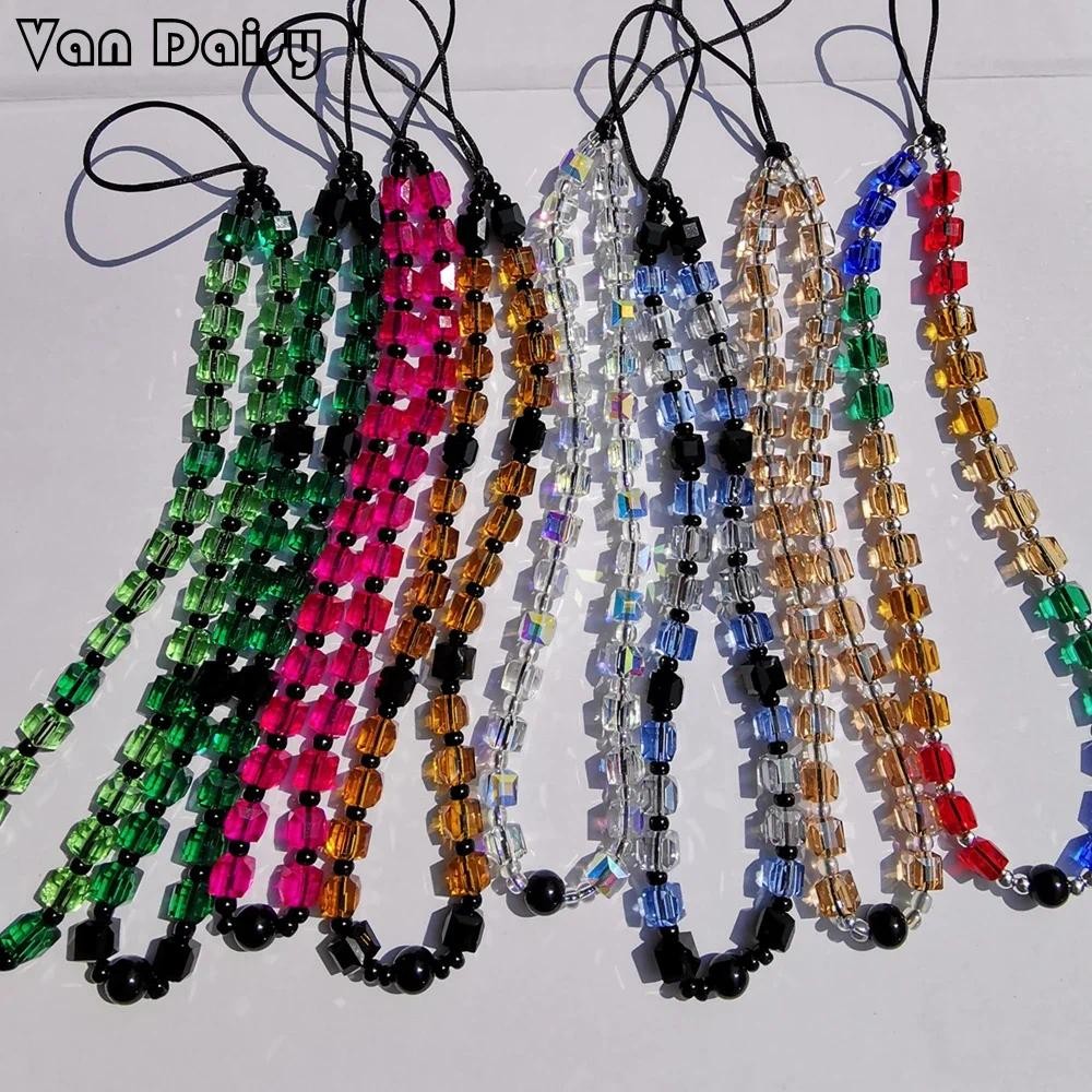 

Van Daisy New Clear Square Crystal Colorful Cubes Beaded Cell Phone Chains Couple Y2K Bijoux Phone Lanyard Strap Key Chain Cord