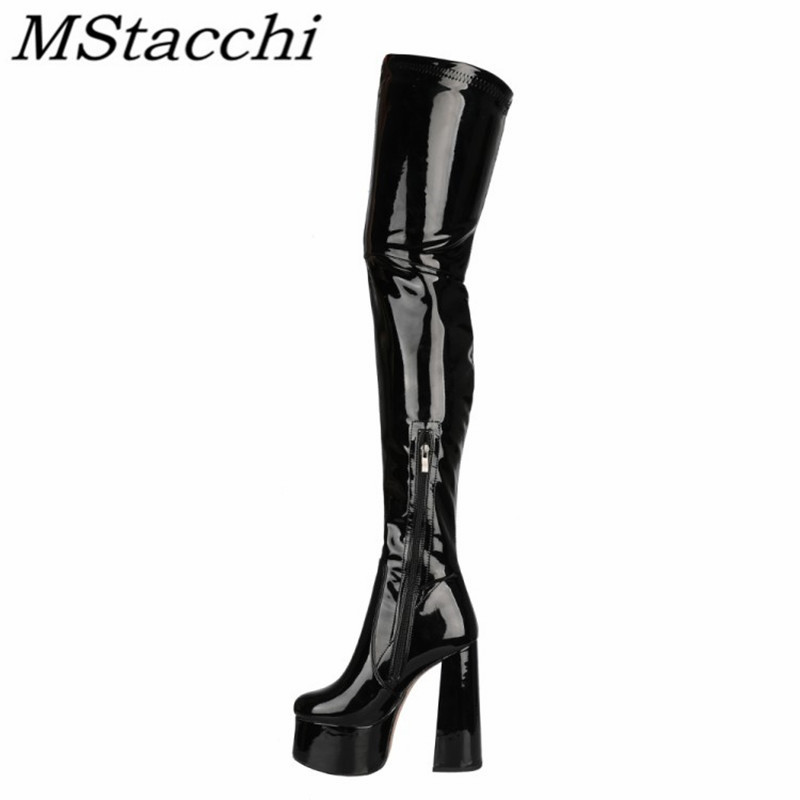 Nightclub Women Thigh High Boots Glisten Patent Leather High Platform Boots Sexy Solid Color High He