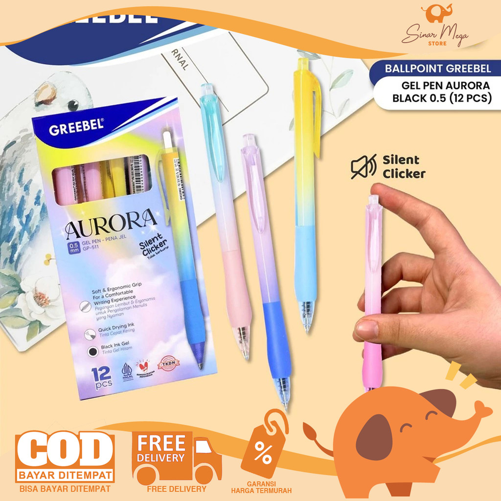 

GREEBEL Retractable Gel Pen 0.5mm GP-511 AURORA Gradient Pulpen Gel Hitam SATUAN Murah