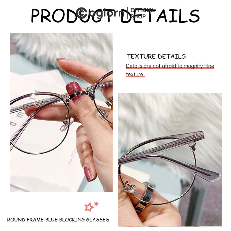 Coglorn Kacamata Wanita Anti Radiasi Fashion Photocromic Bulat Logam+Tr90 Kaca Mata Optik