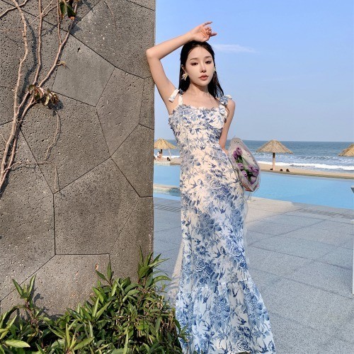 sky blue dress vintage floral dress summer beach hot bodycon dress big size jumbo party dress halter